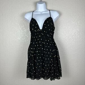 Free People Womens 2 Black Babydoll Y2K Mini Dress Embroidered Empire Waist Boho